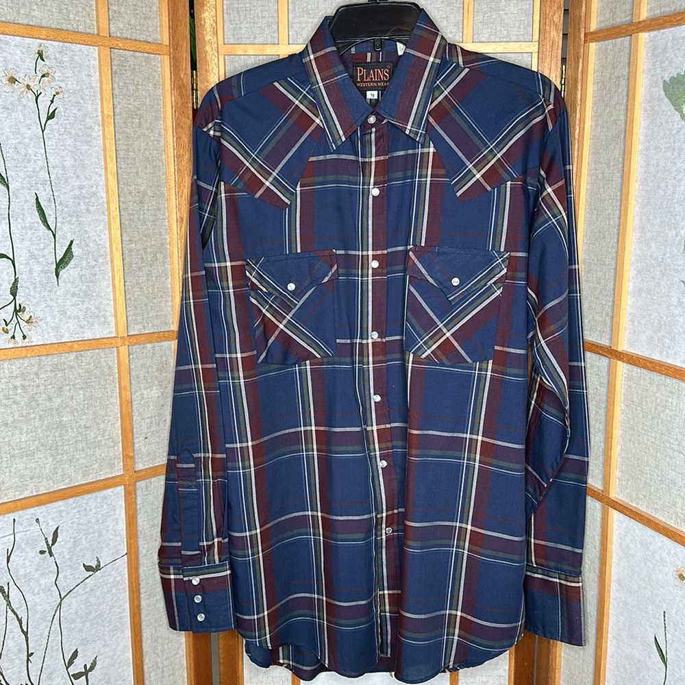 Plains Western Wear Pearl Snap Shirt Mens Button Up Blue and Maroon Plaid Size M